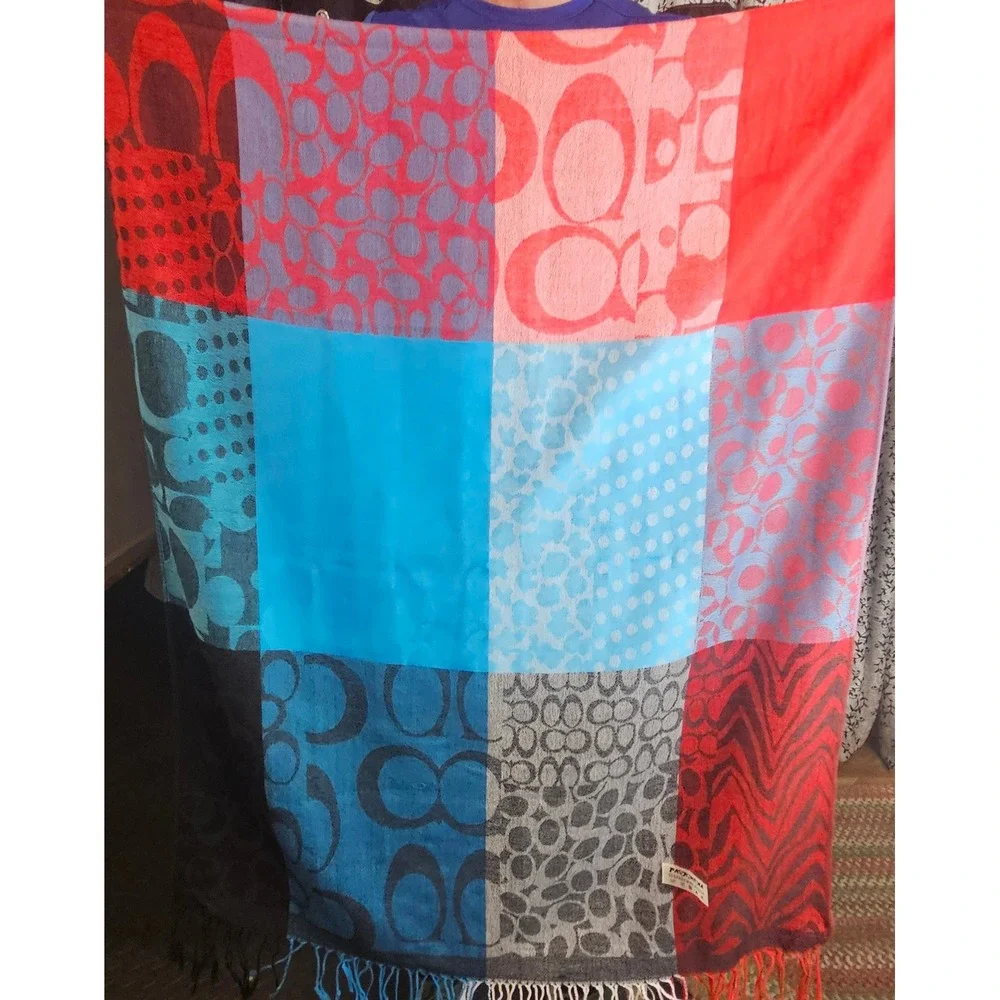 Coach Monogram Signature C Patchwork Scarf Wrap Pashmina Silk Fringe 70x28
